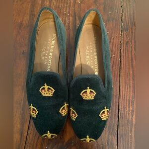 Stubbs & Wootton for J.Crew Emerald Velvet Loafers with Gold Crown Embroidery